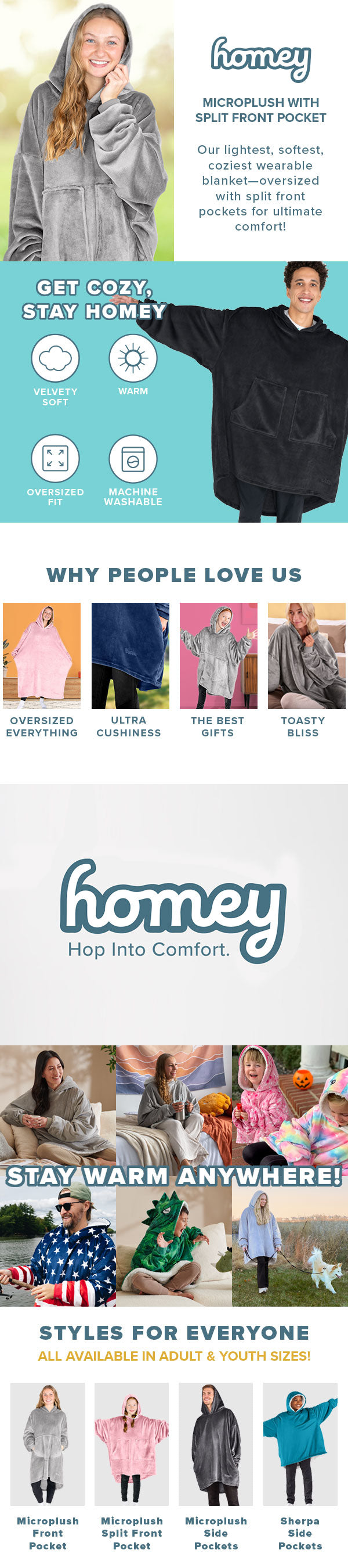 Promotional graphic for homey, a brand specializing in warm clothing with various styles and colors.