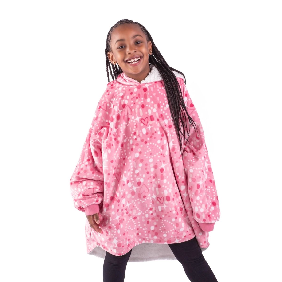 A child with a sherpa wearable blanket on