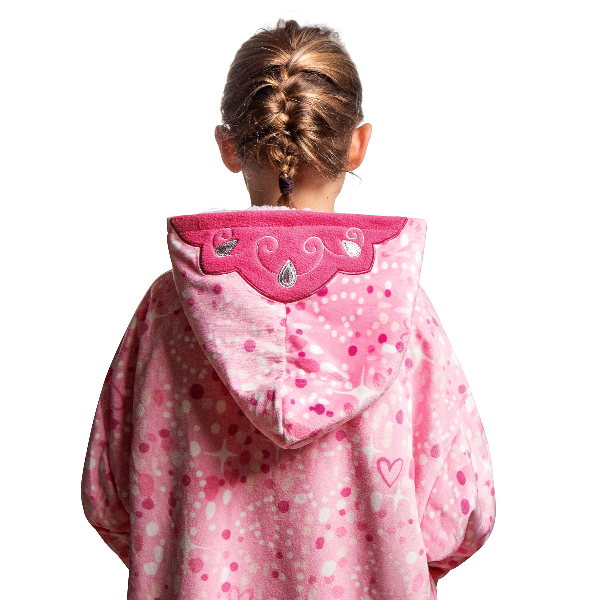 A girl wearing a sherpa wearable blanket. The princess hood is shown.