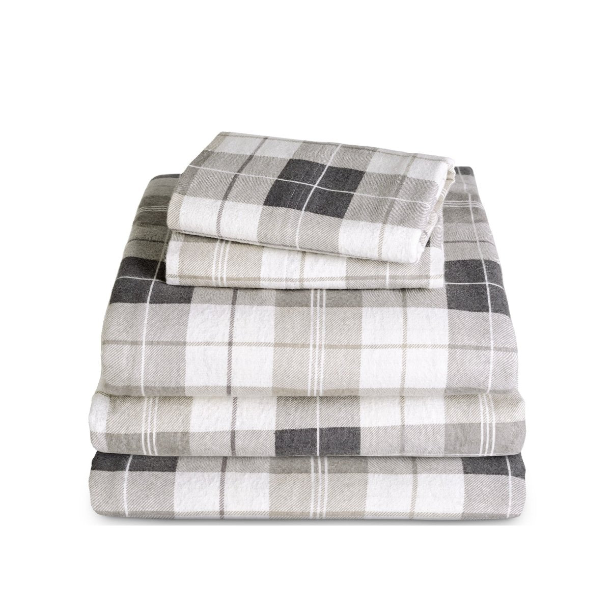 Stack of flannel sheets and pillowcases on a white background