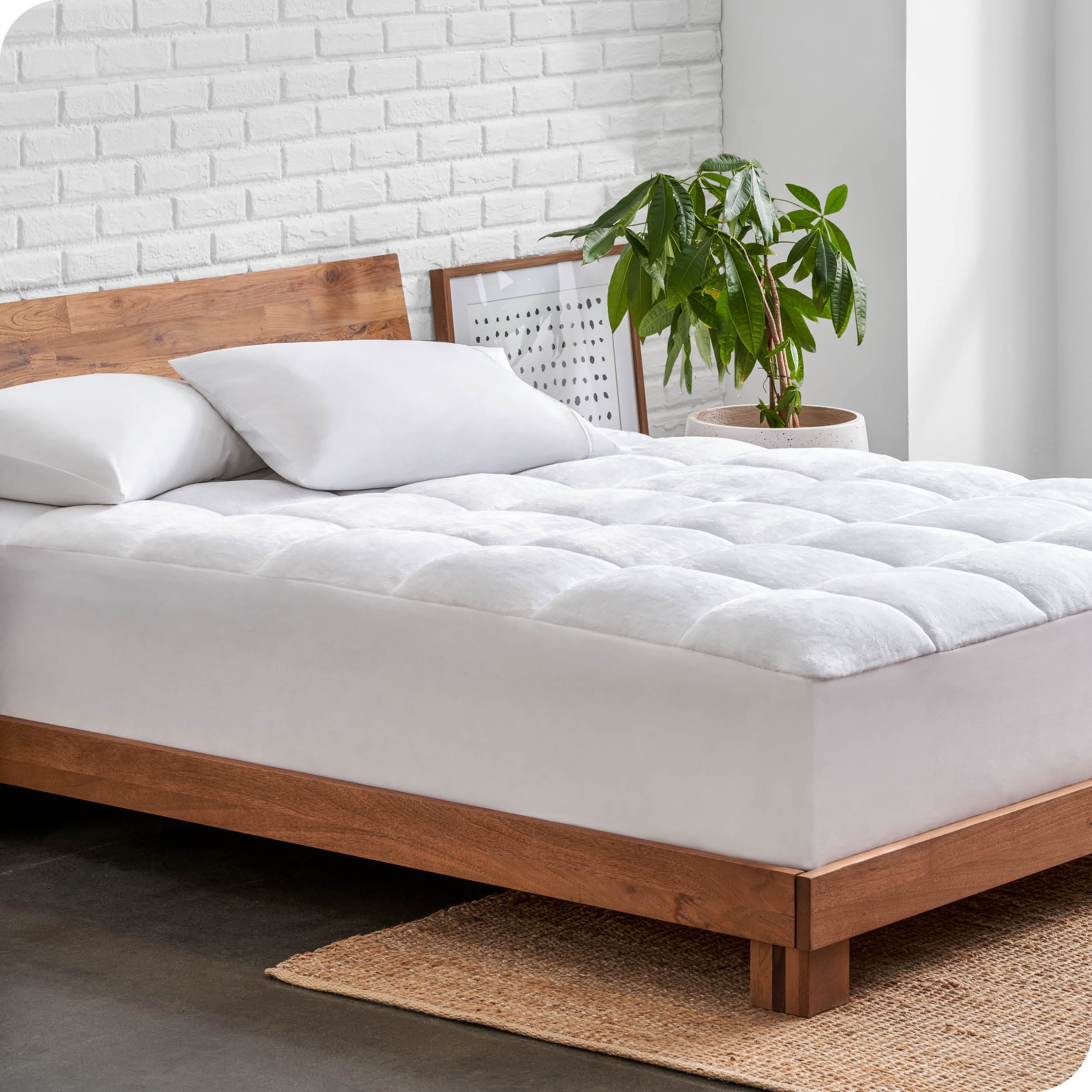 A modern bed with two pillows and a mattress pad all in white. The bed has a wooden bed frame.