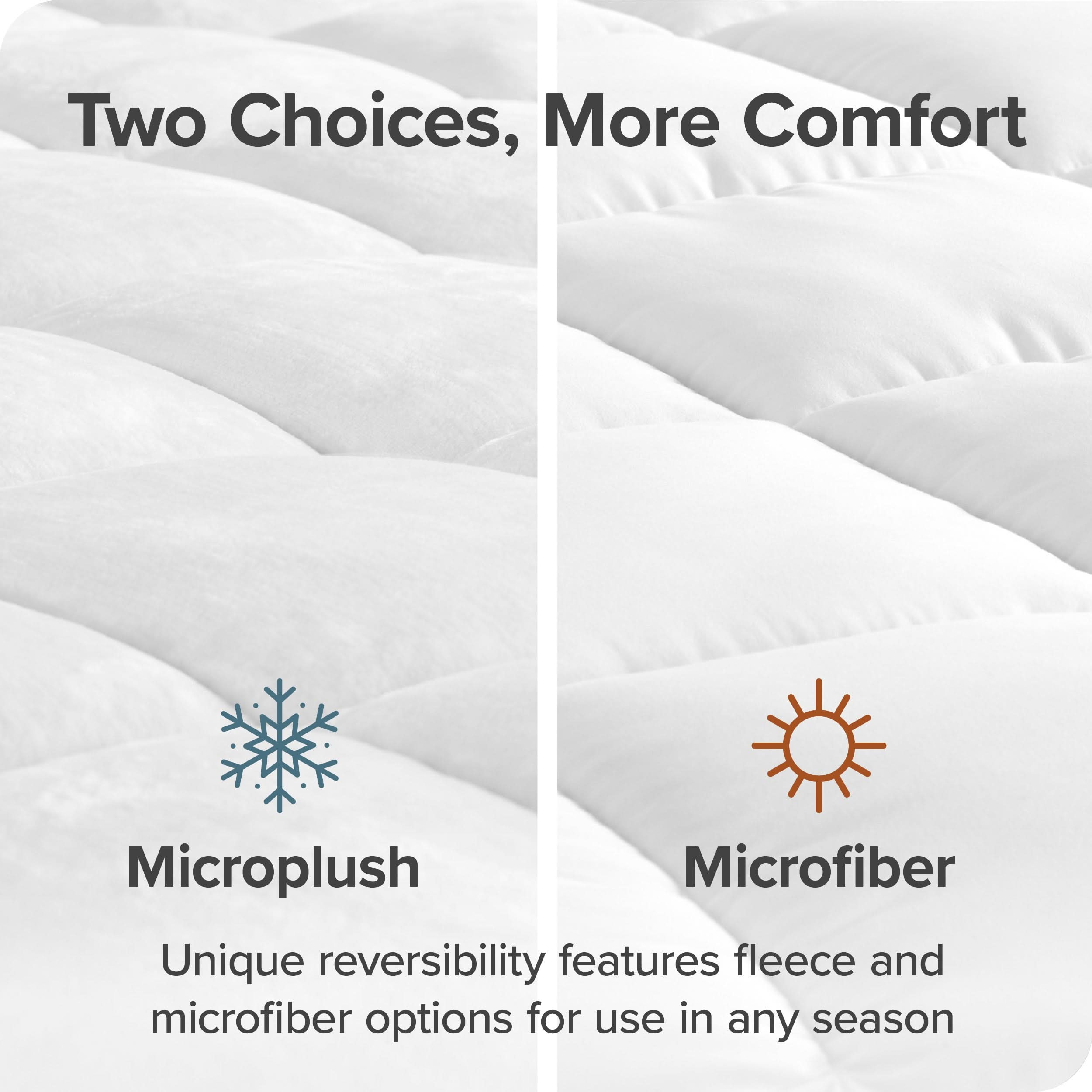 Two choices, more comfort. Microplush and microfiber. Unique reversibility features fleece and microfiber options for use in any season.