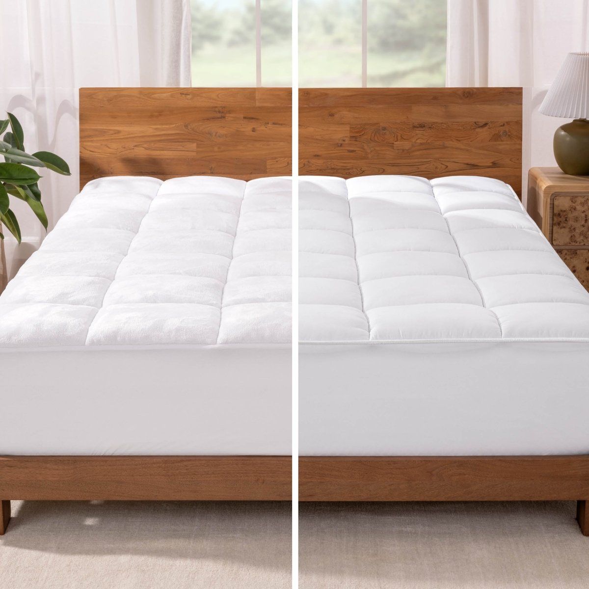 White mattress topper on a wooden bed with a neutral background