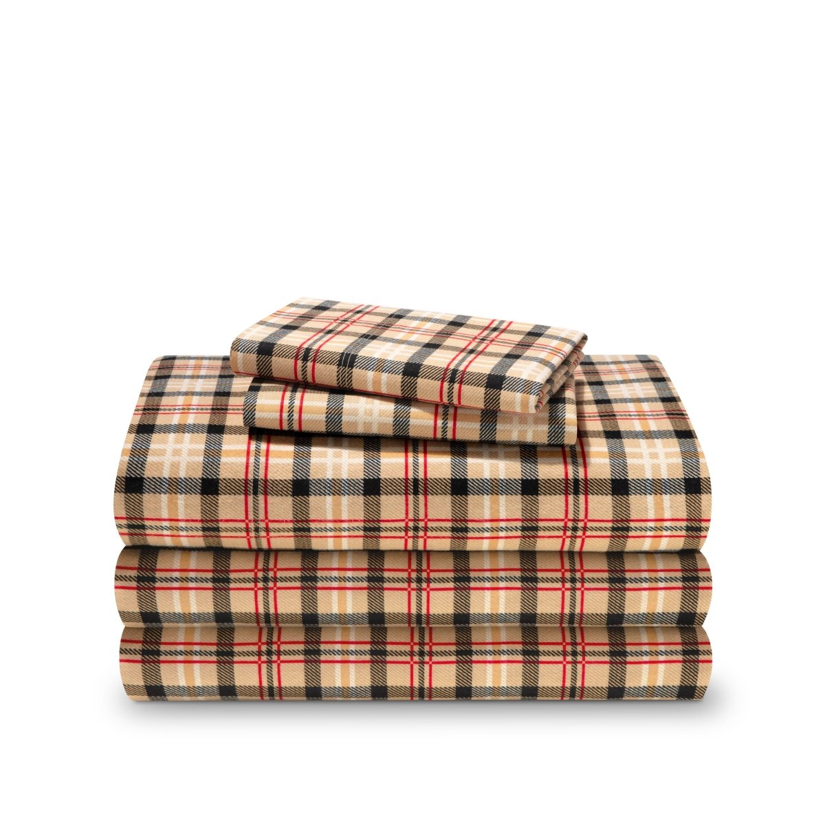 Stack of flannel sheets and pillowcases on a white background