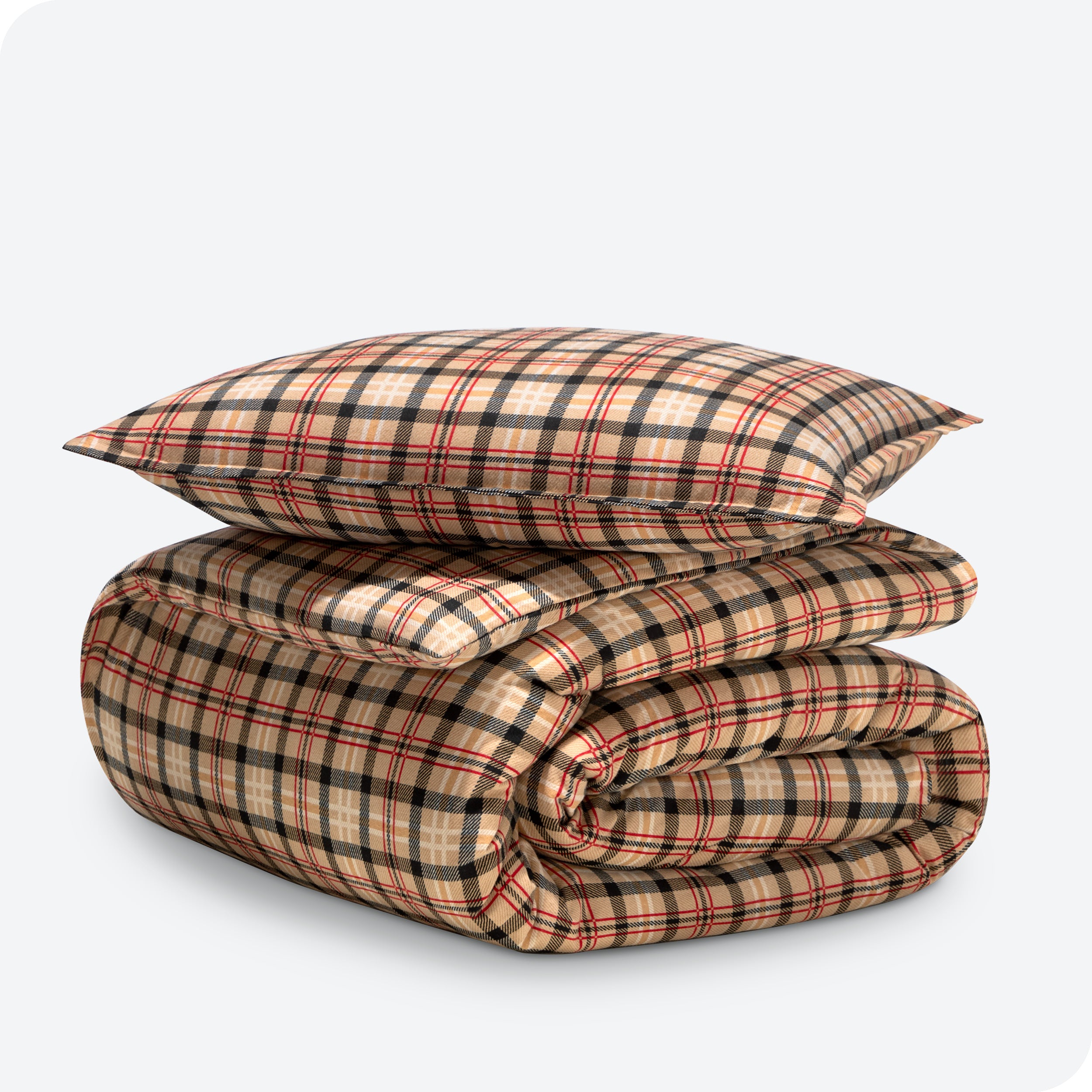 Plaid duvet cover and sham set folded and stacked