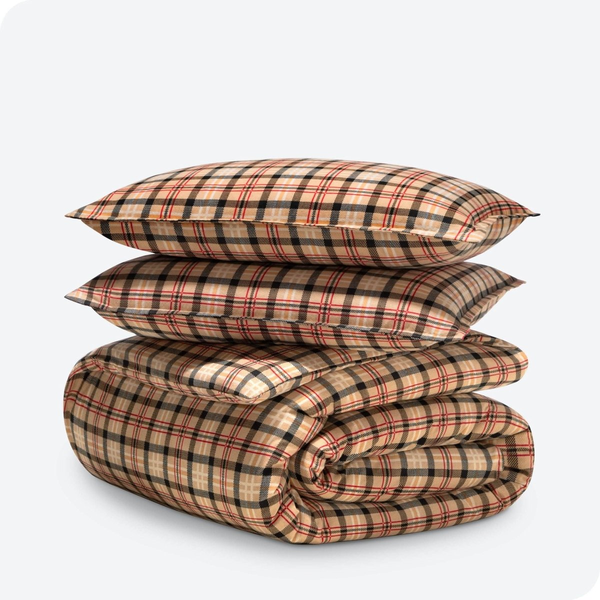 Plaid duvet cover and sham set folded and stacked
