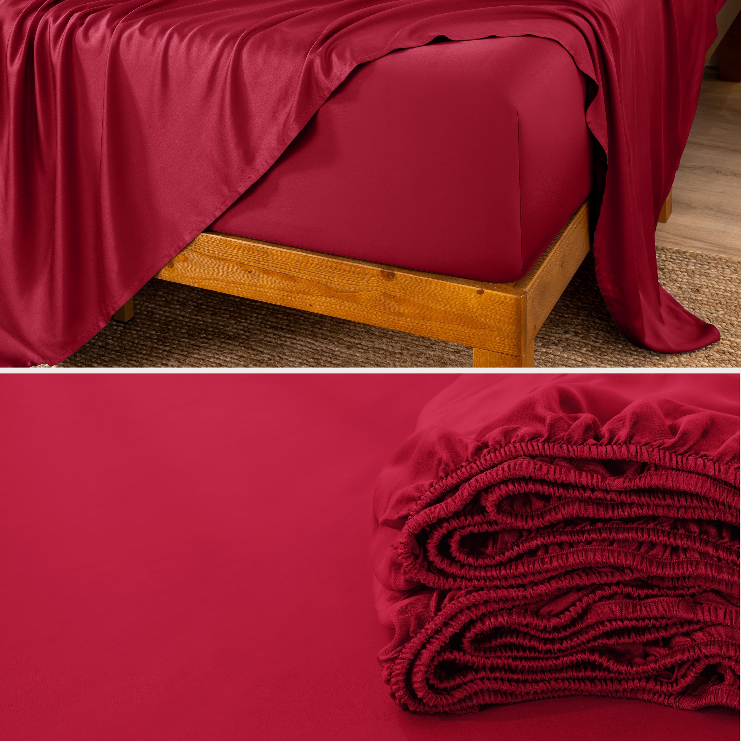 Split image of the corner of a bed and a fitted sheet