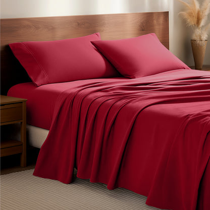 Flannel bedding set on a bed with a wooden headboard and side table