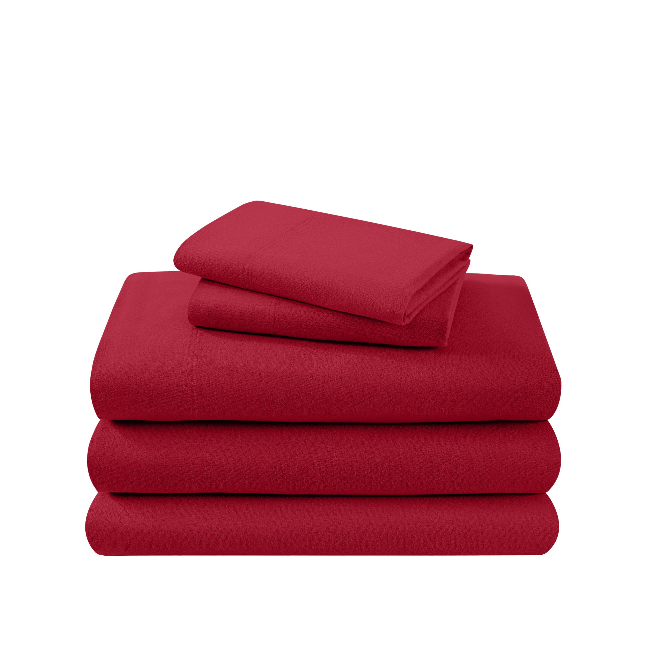 Cotton flannel sheet set folded and stacked on a white background