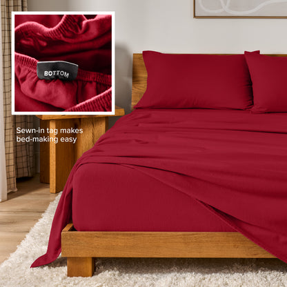 Flannel sheets on a with an inset of a sewn-in tag reading BOTTOM