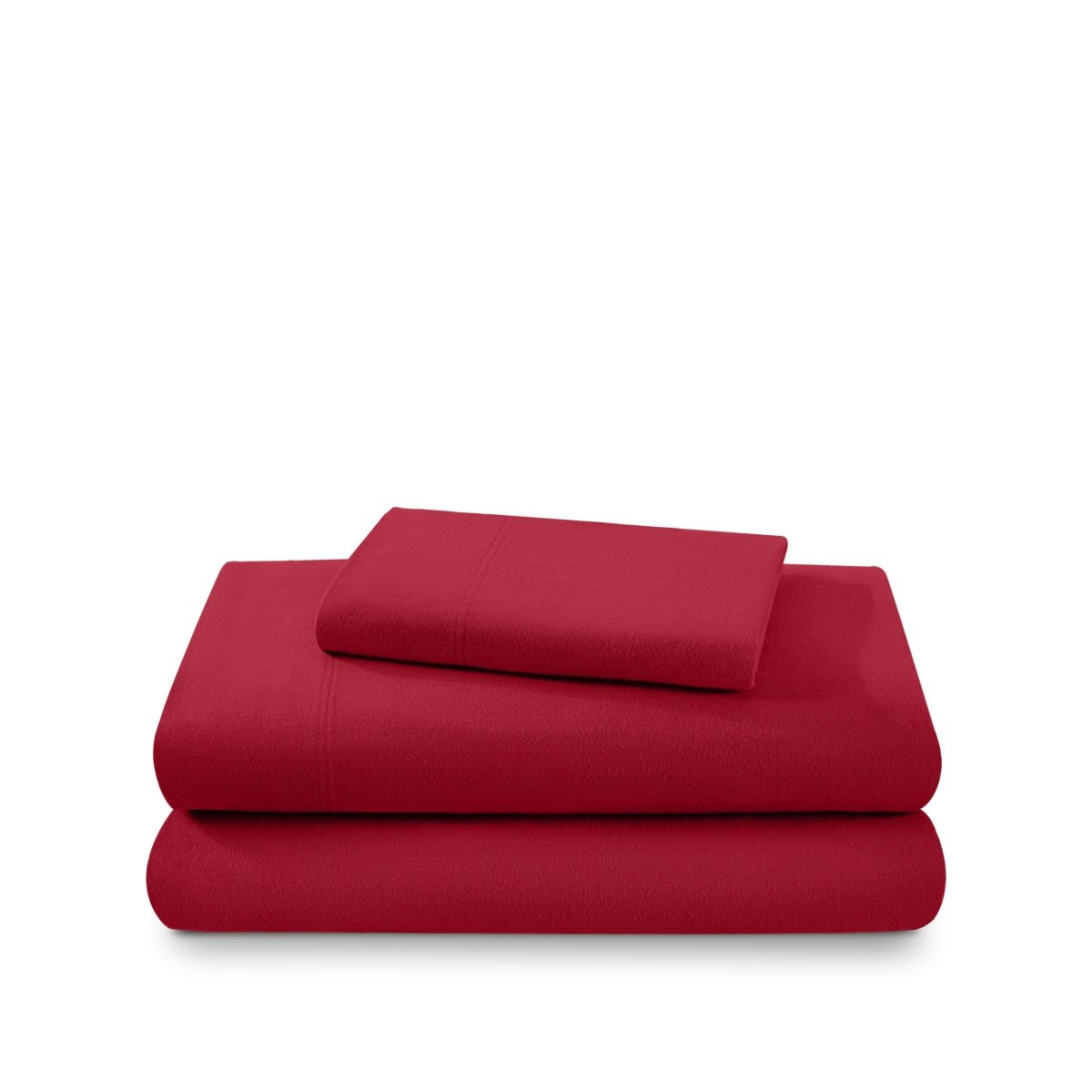 Cotton flannel sheet set folded and stacked on a white background