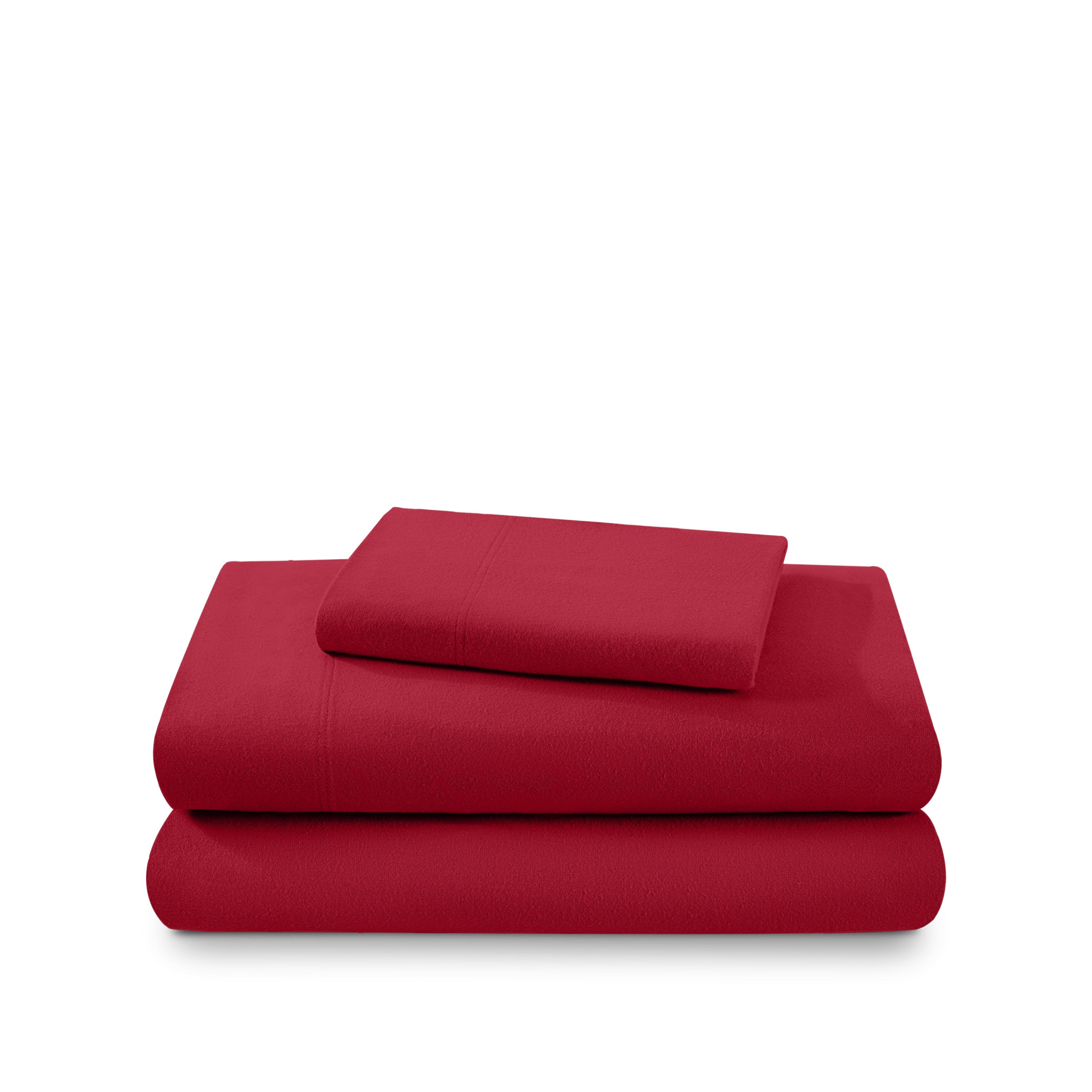 Cotton flannel sheet set folded and stacked on a white background