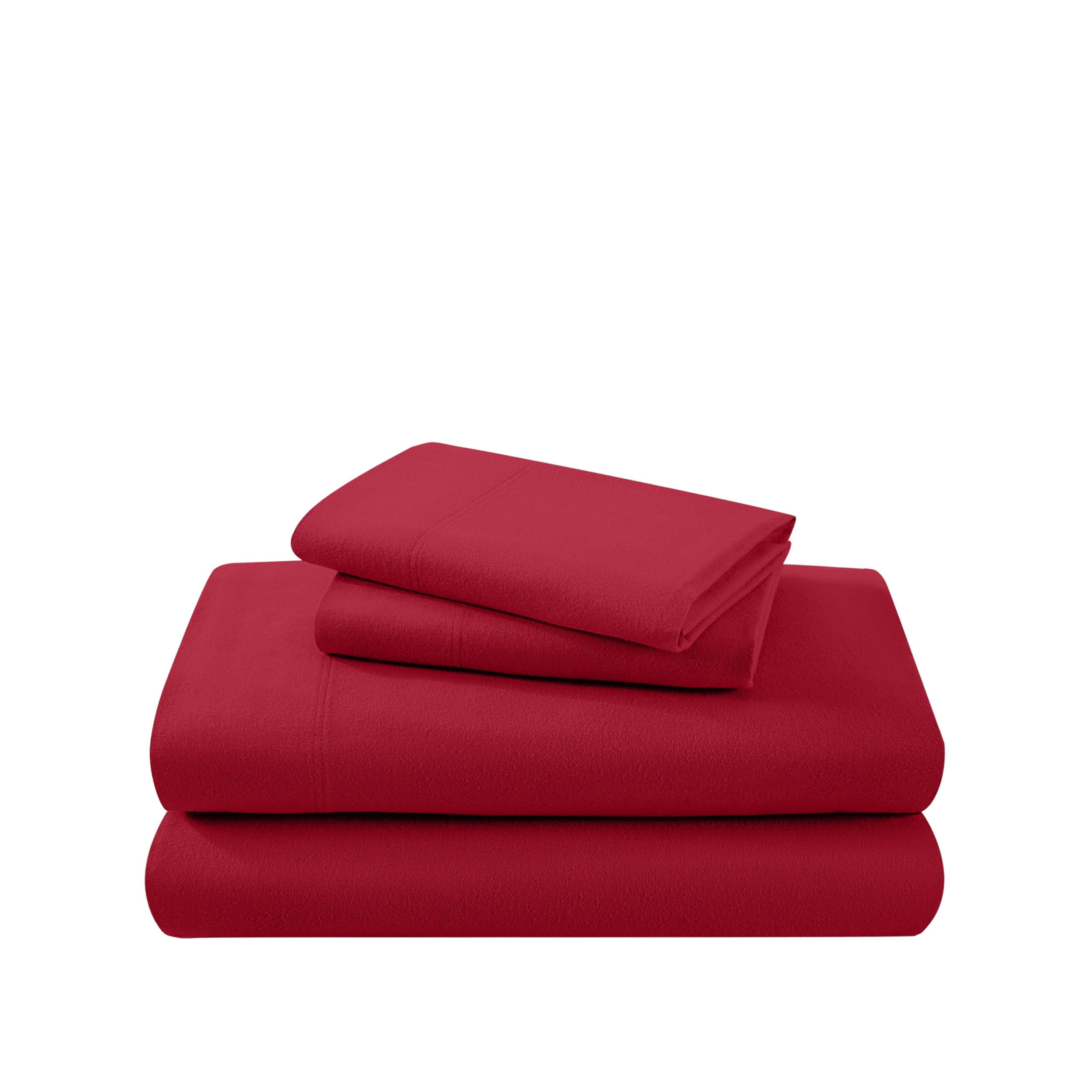 Cotton flannel sheet set folded and stacked on a white background