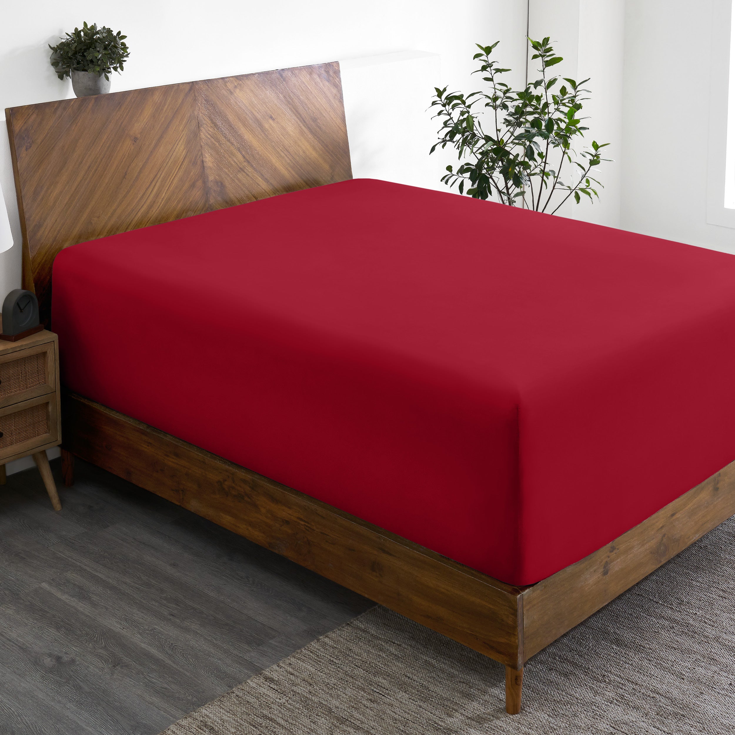 Wooden bed frame with a fitted sheet on the mattress in a room with plants and a nightstand.