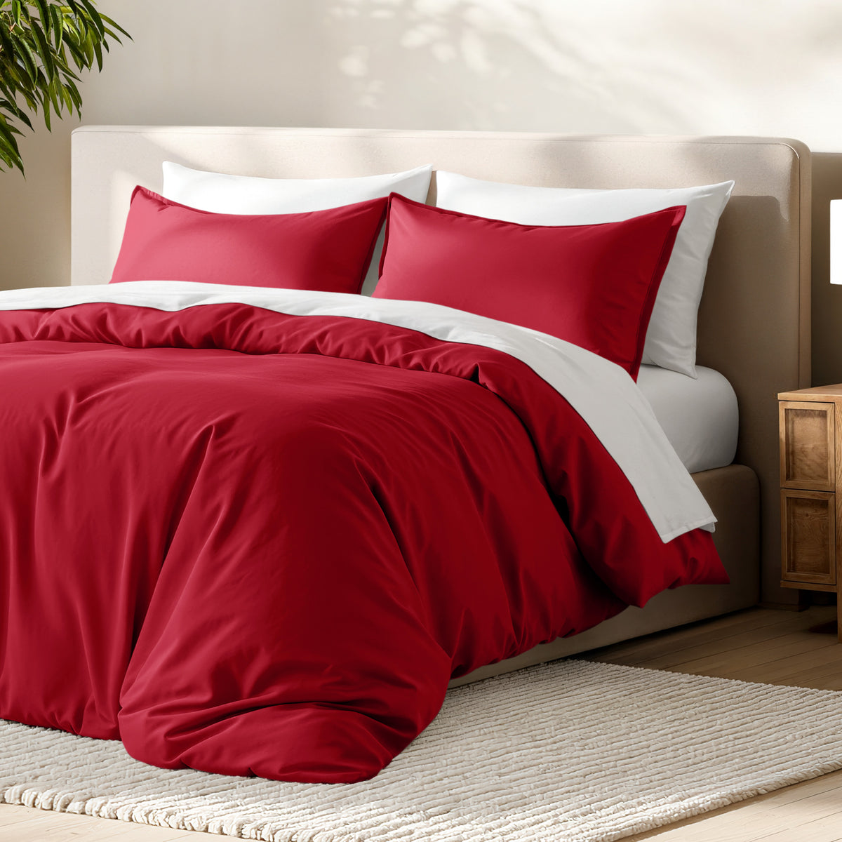 Bed with microfiber duvet cover and sham set in a bedroom setting.