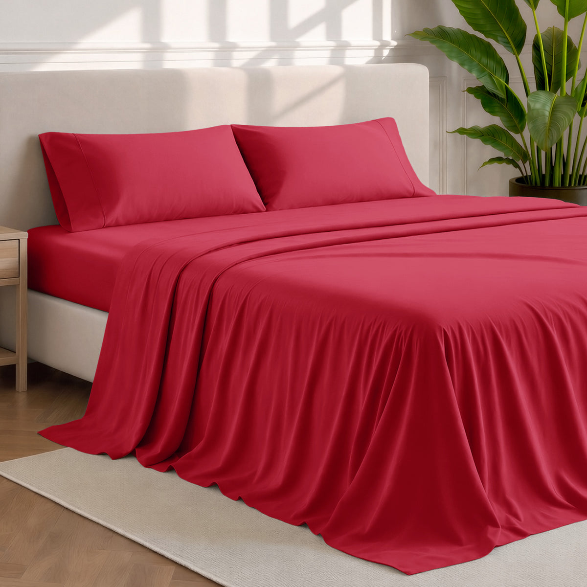 Microfiber sheets and pillowcases in a bedroom stetting