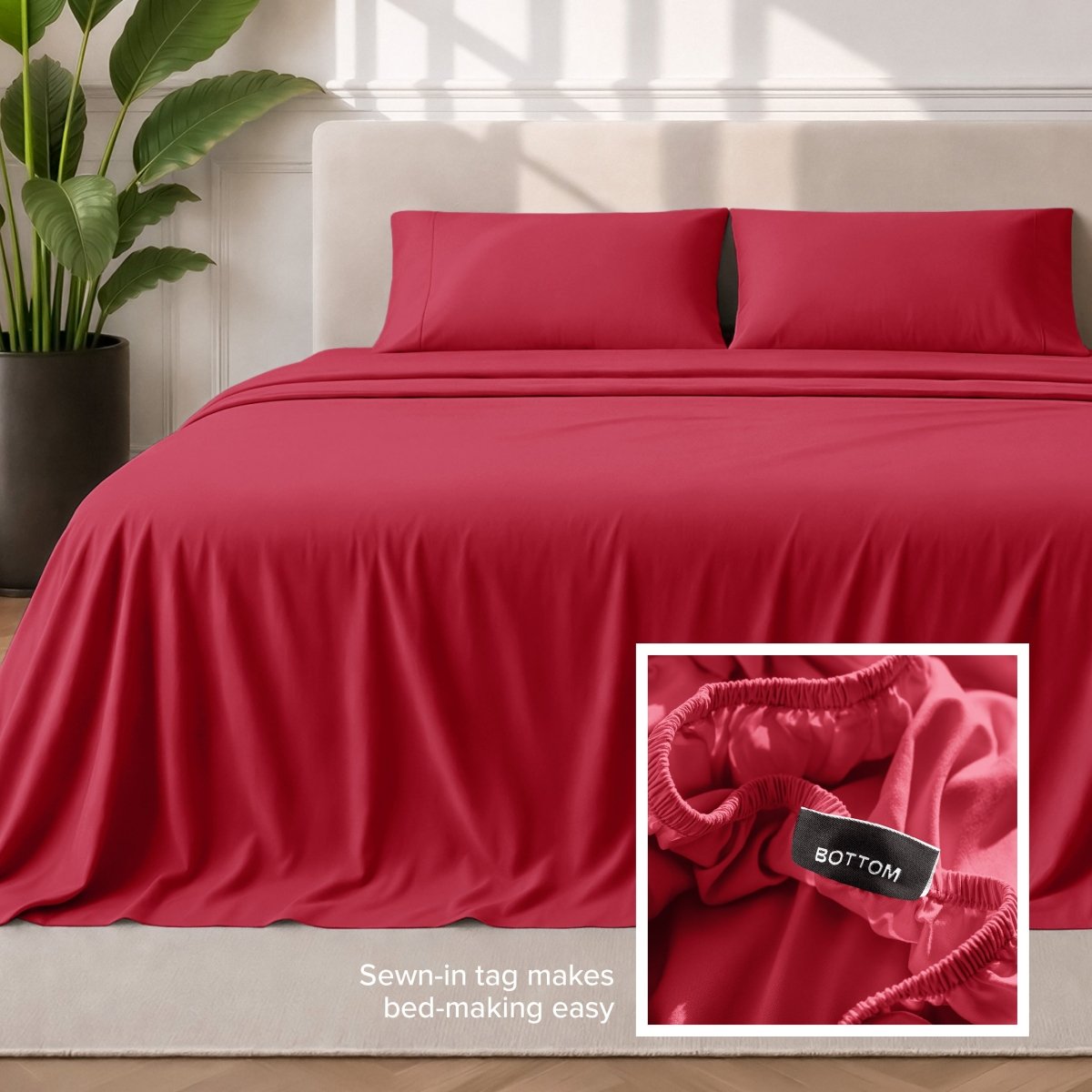 Sewn-in tag makes bed-making easy
