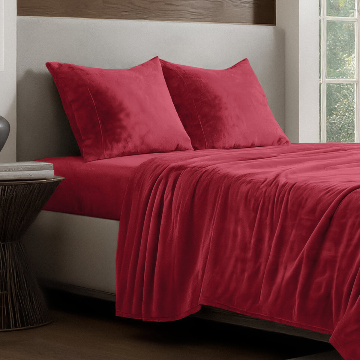Microplush sheet set on a bed.
