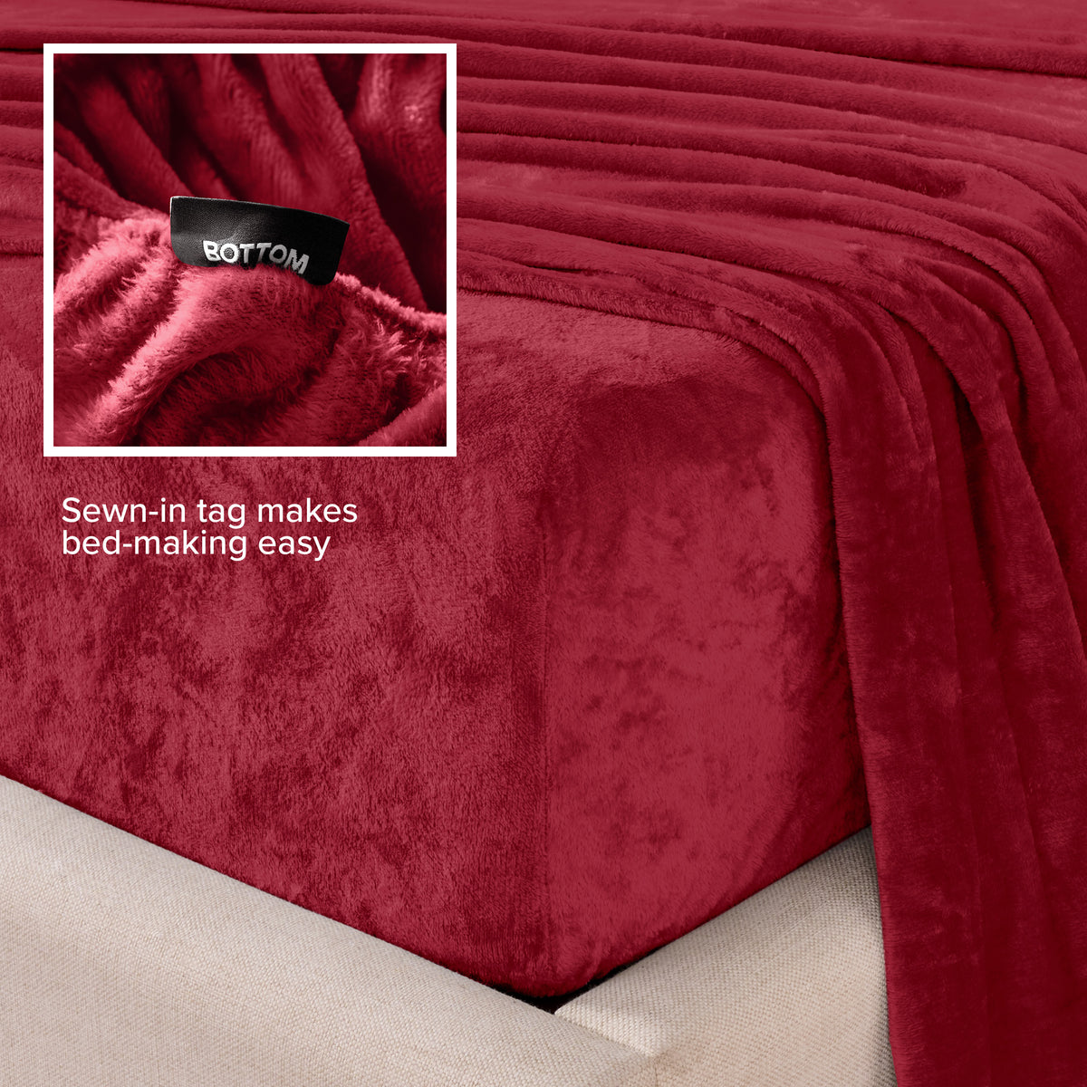Close-up of the corner of a bed made with microplush sheets