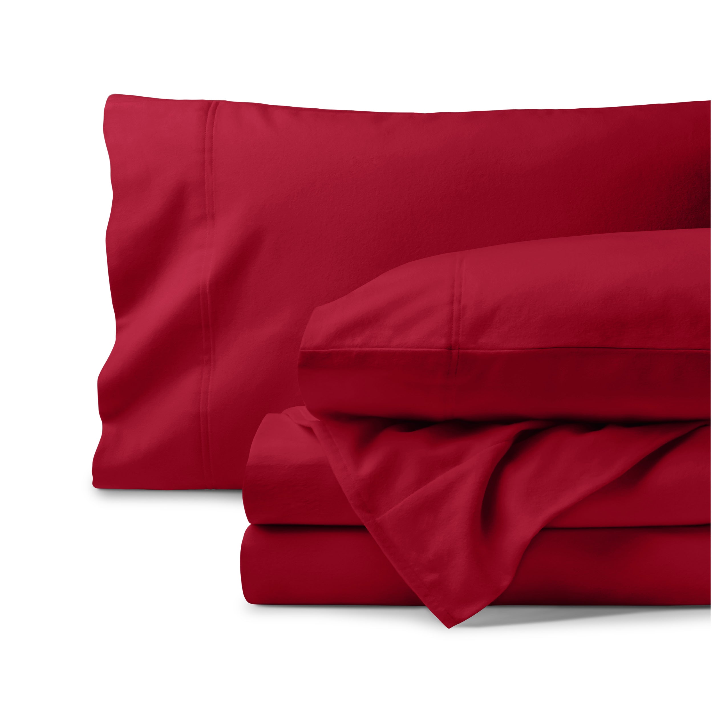 Organic flannel bed sheets and pillowcase set on a white background