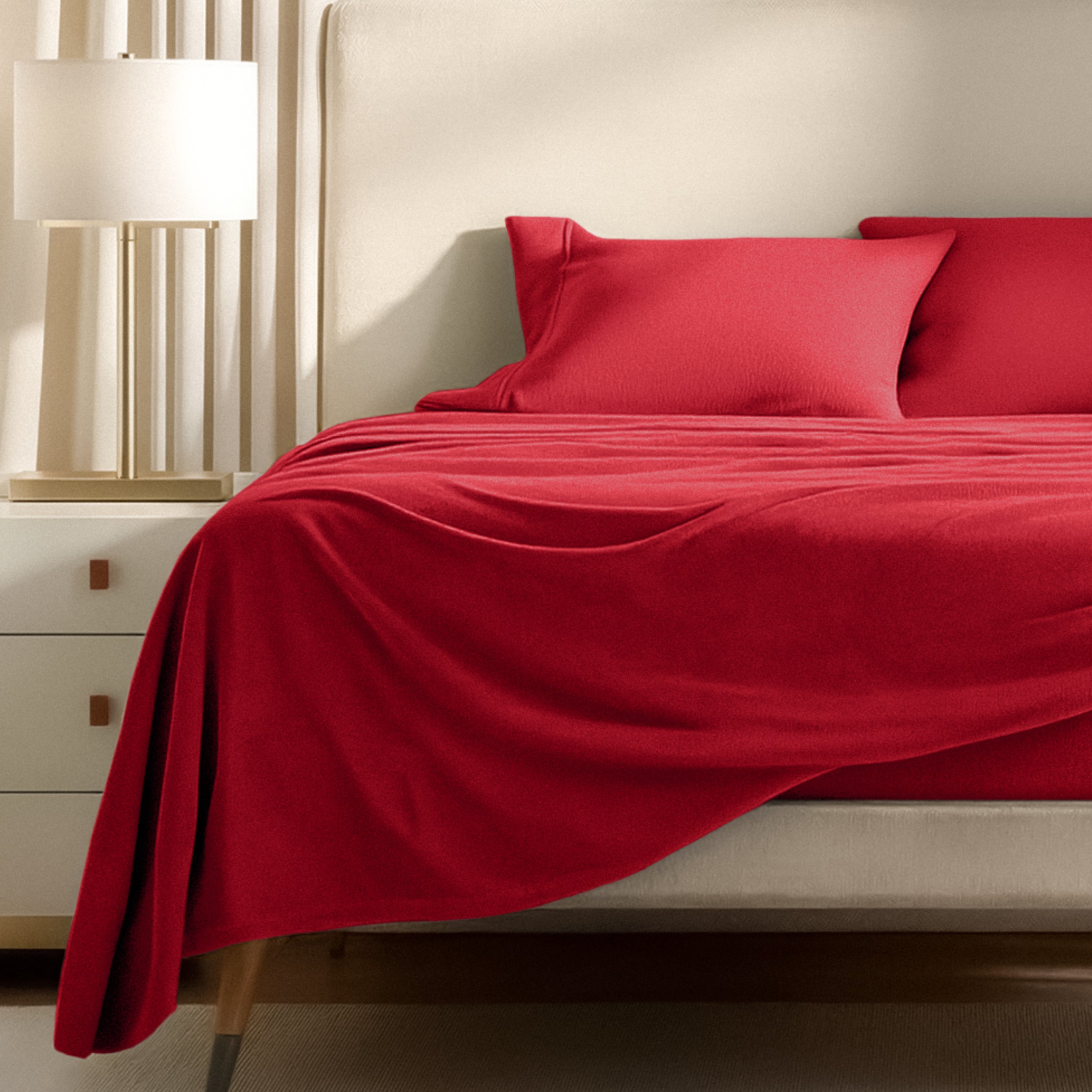 Polar fleece sheets on a bed