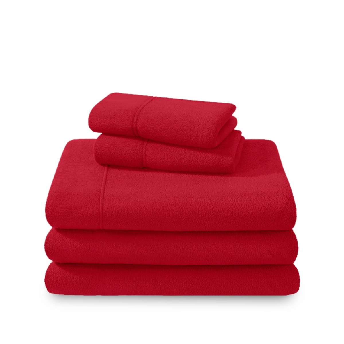 Polar fleece sheets and pillowcases folded and stacked on a white background