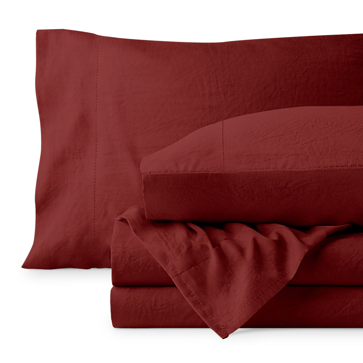 Washed microfiber sheet set folded and stacked on a white background