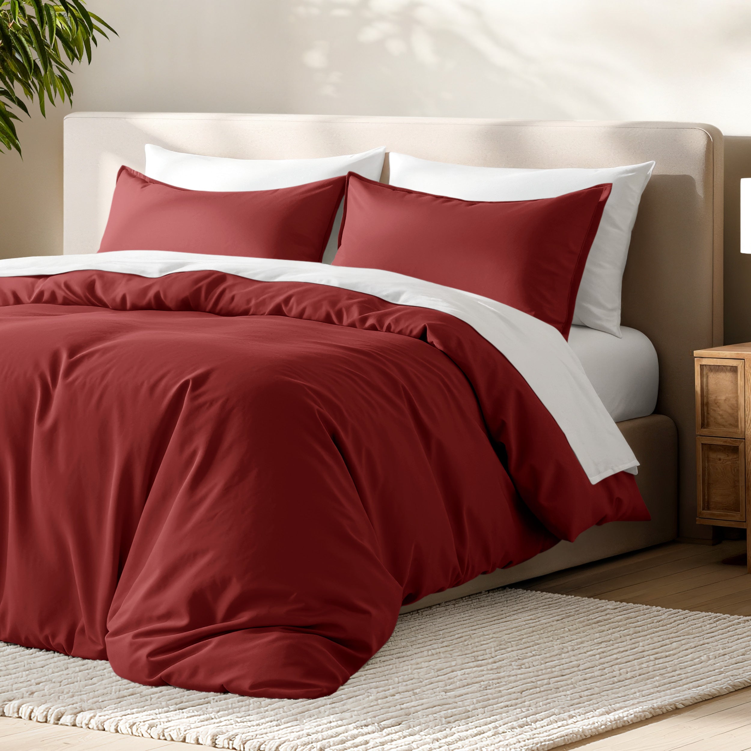 Bed with microfiber duvet cover and sham set in a bedroom setting.