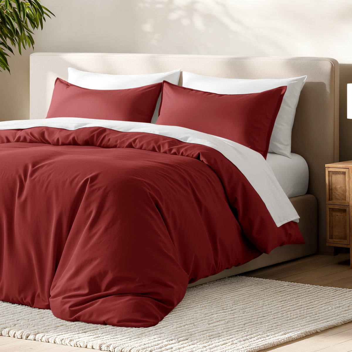 Bed with microfiber duvet cover and sham set in a bedroom setting.