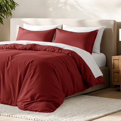 Bed with microfiber duvet cover and sham set in a bedroom setting.