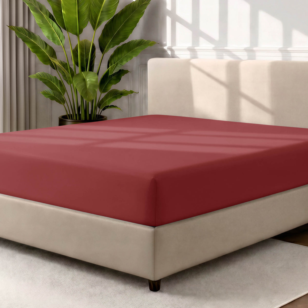 Ultra soft fitted sheet on a mattress with the sun shining into the bedroom