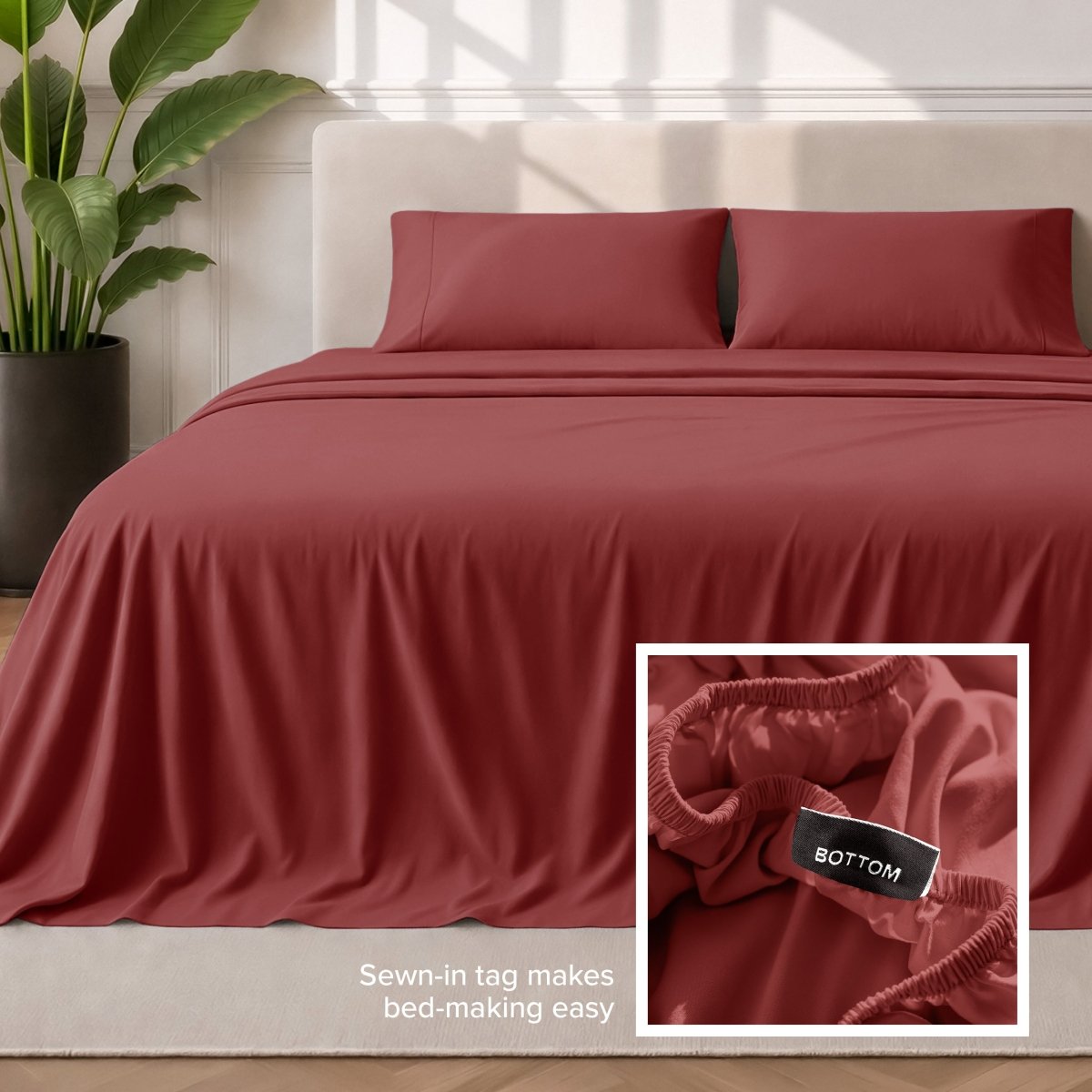 Sewn-in tag makes bed-making easy
