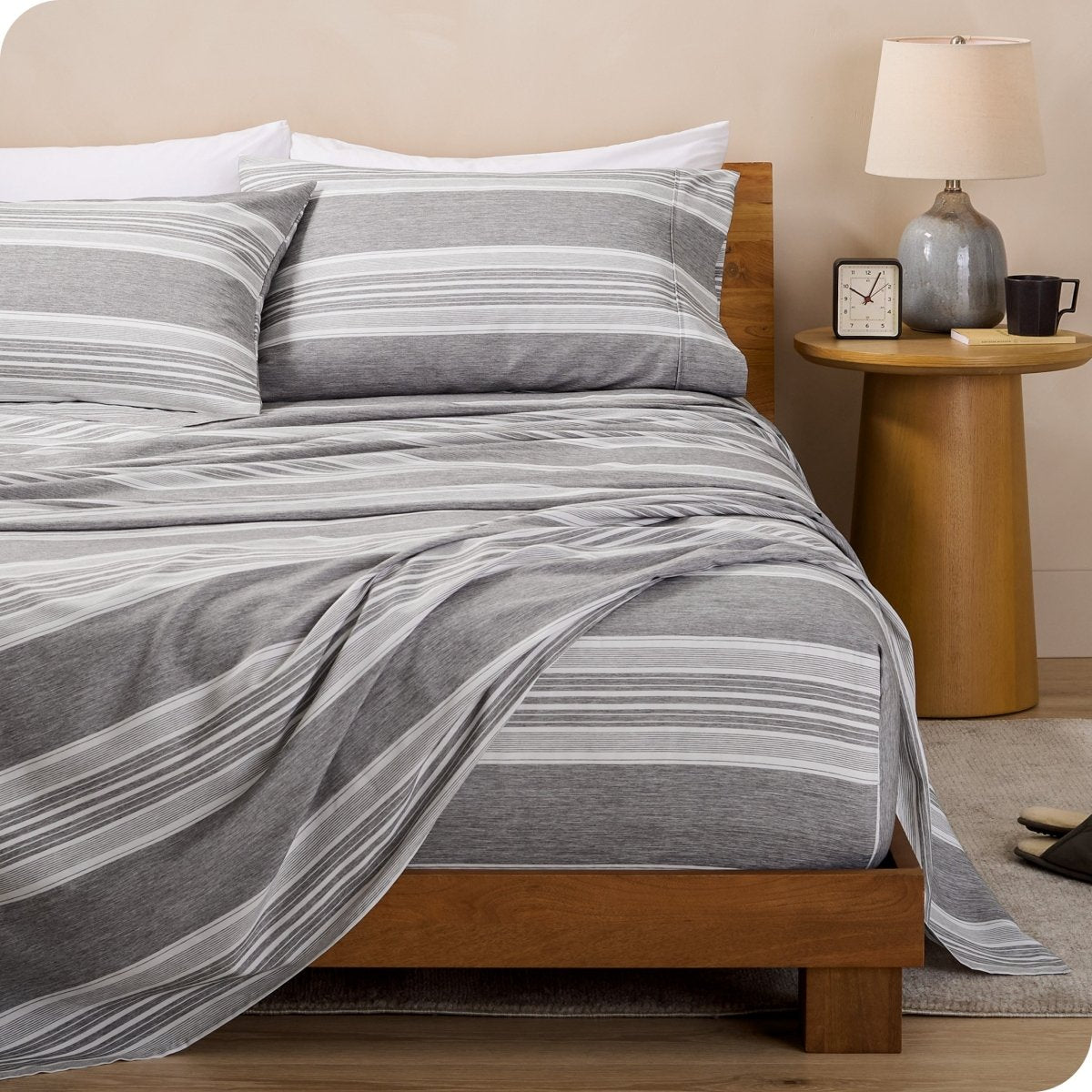 Microfiber print sheets draped over a bed