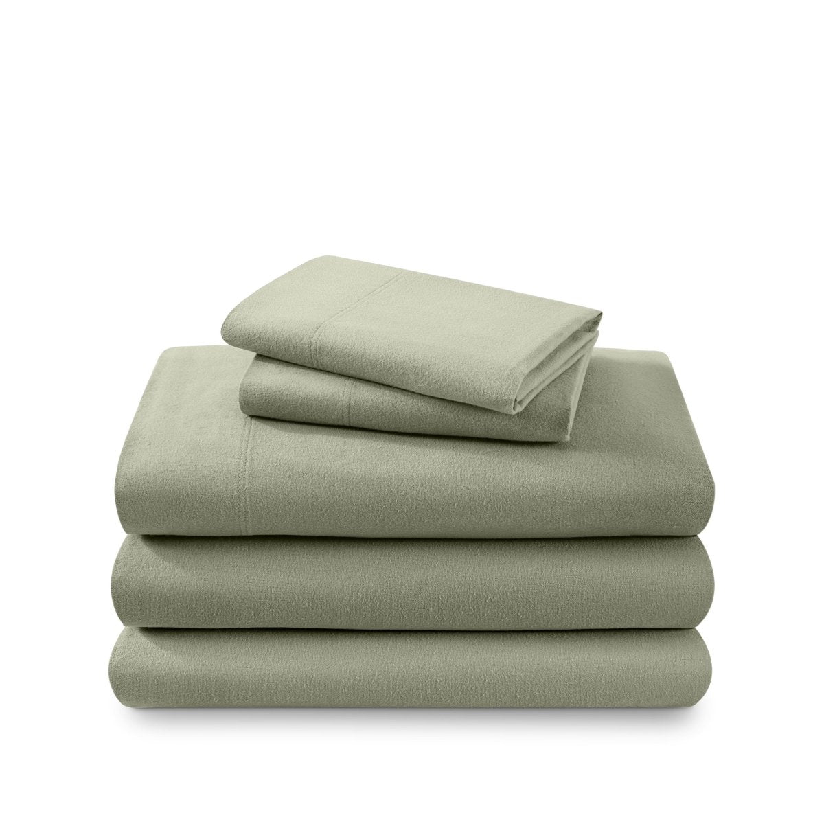 Cotton flannel sheet set folded and stacked on a white background