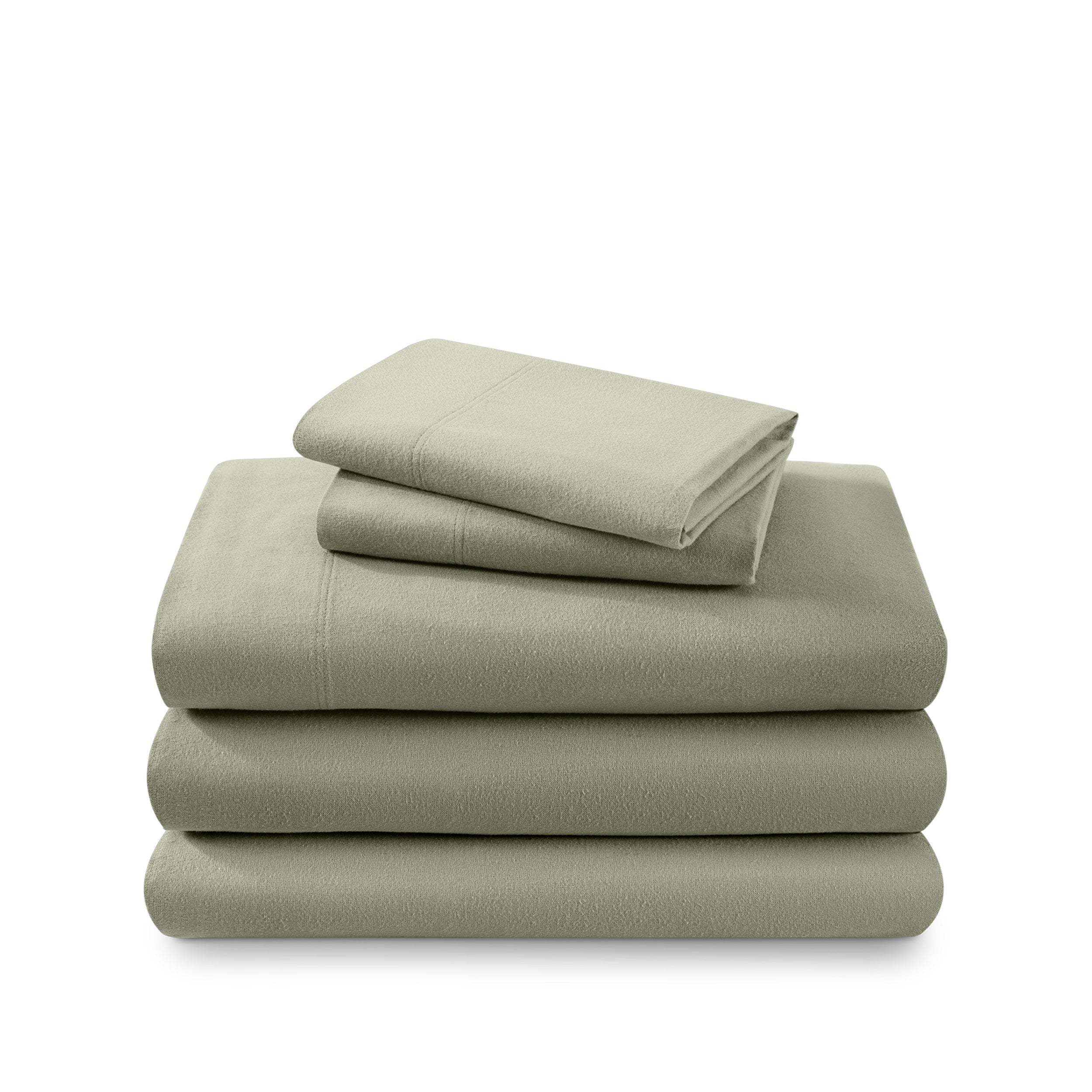 Cotton flannel sheet set folded and stacked on a white background
