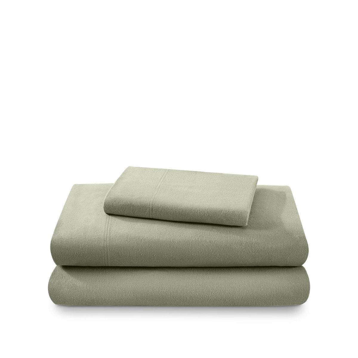 Cotton flannel sheet set folded and stacked on a white background