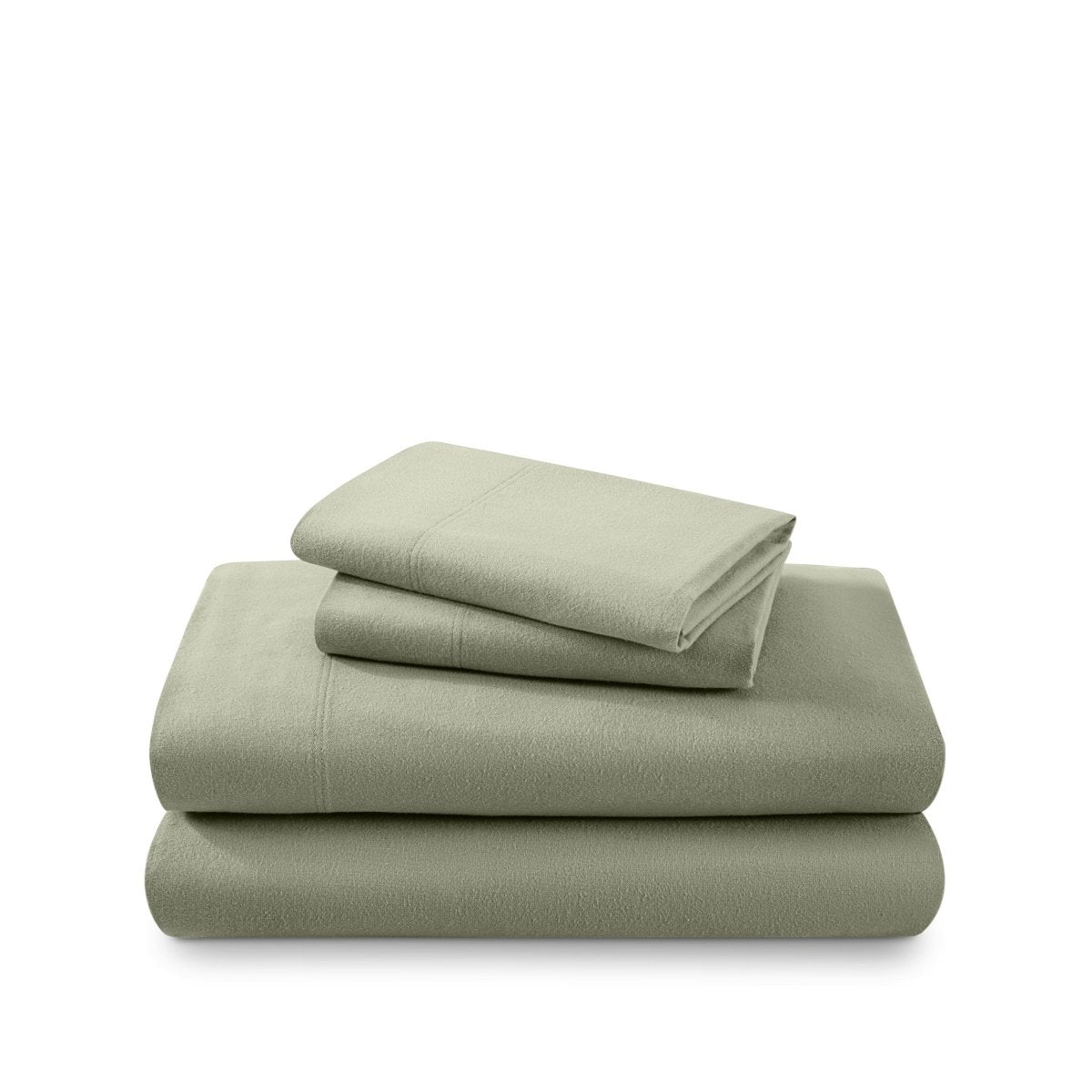 Cotton flannel sheet set folded and stacked on a white background