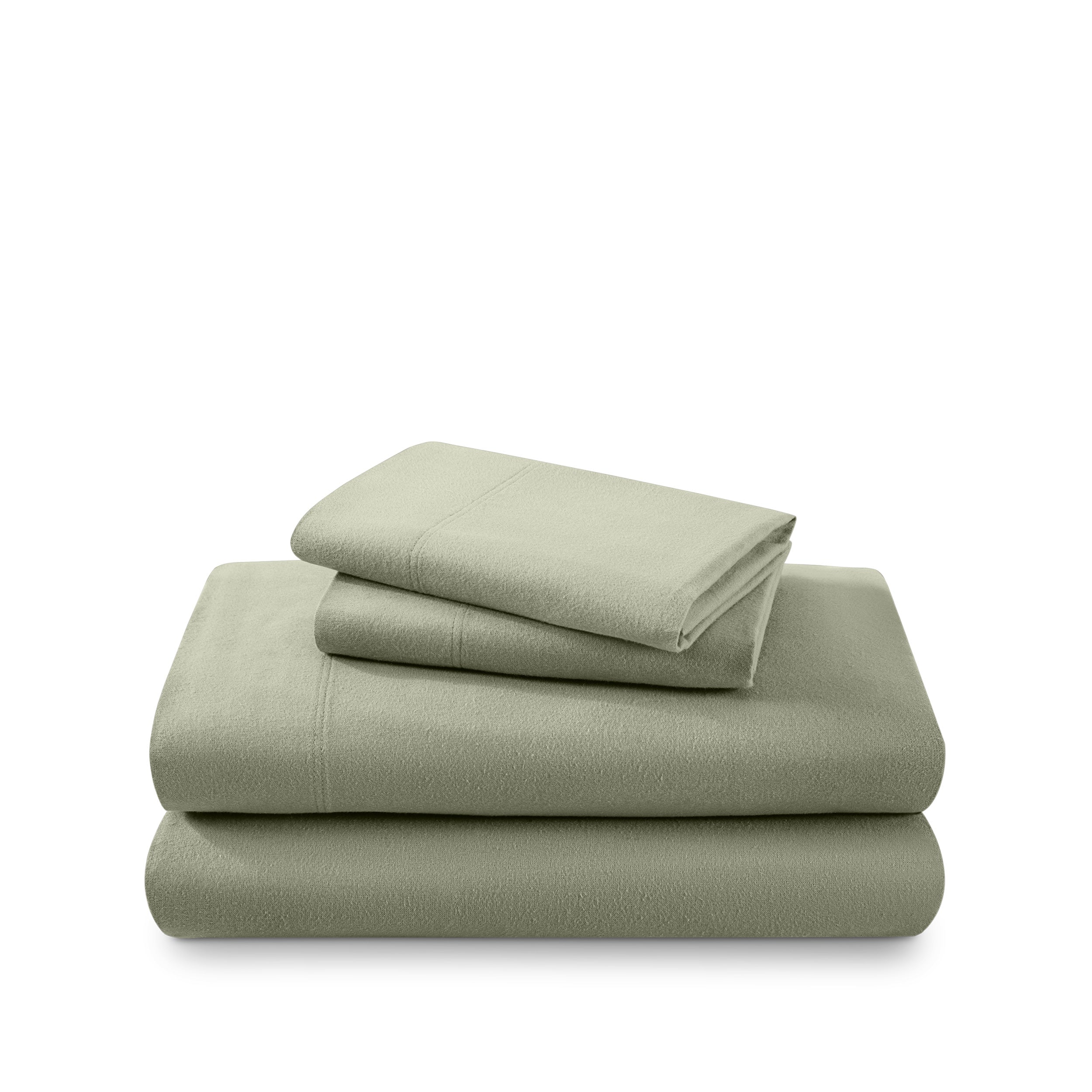 Cotton flannel sheet set folded and stacked on a white background