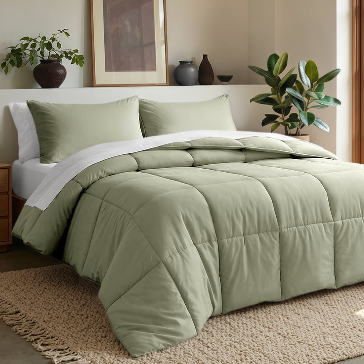 Comforter set on a bed in a bedroom with plants and decor.