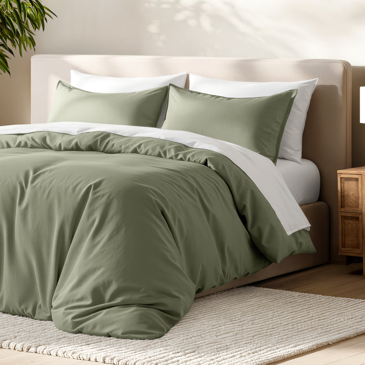 Bed with microfiber duvet cover and sham set in a bedroom setting.
