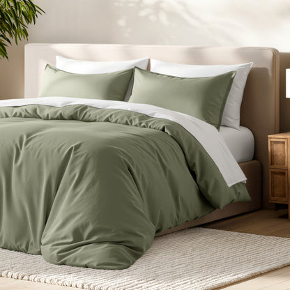Bed with microfiber duvet cover and sham set in a bedroom setting.