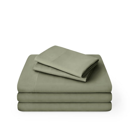 Microfiber sheet set folded and stacked on a white background