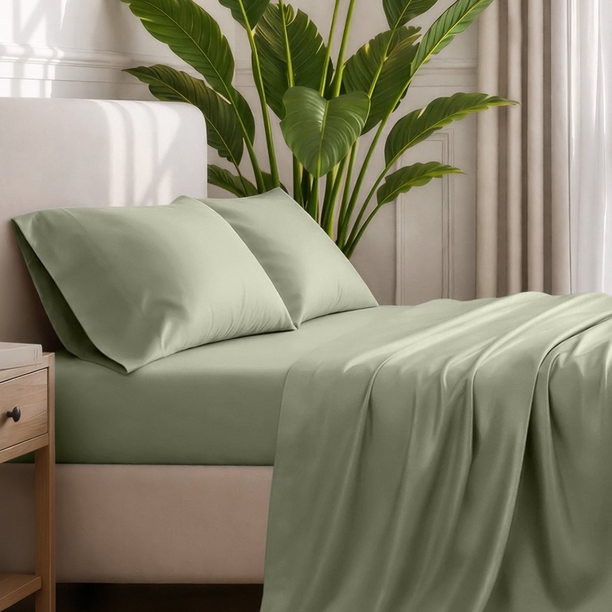 Ultra-soft sheets and pillowcases on a bed with a plant in the background