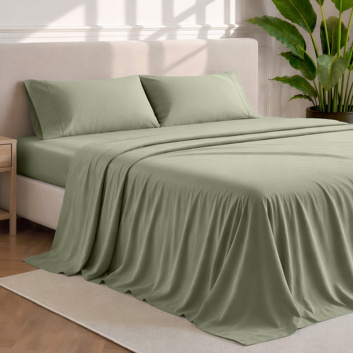Microfiber sheets and pillowcases in a bedroom stetting