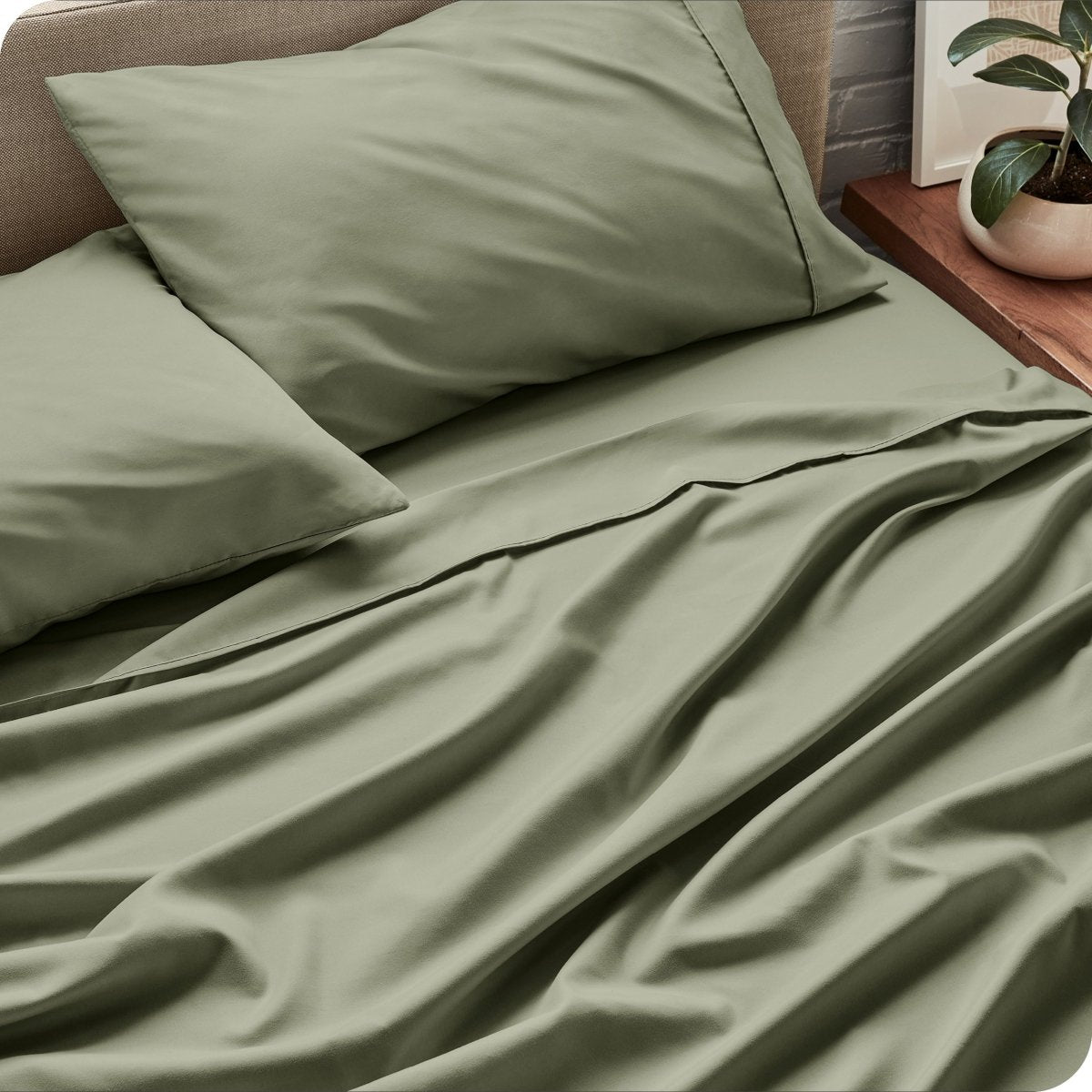 Sheet set on a bed with pillows and a plant in the background
