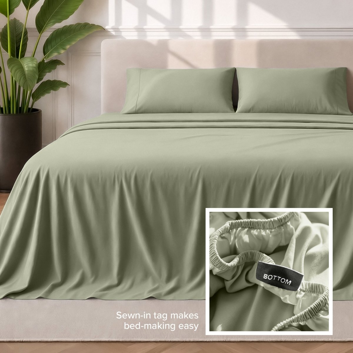 Sewn-in tag makes bed-making easy