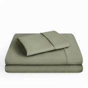 Microfiber sheet set folded and stacked neatly.