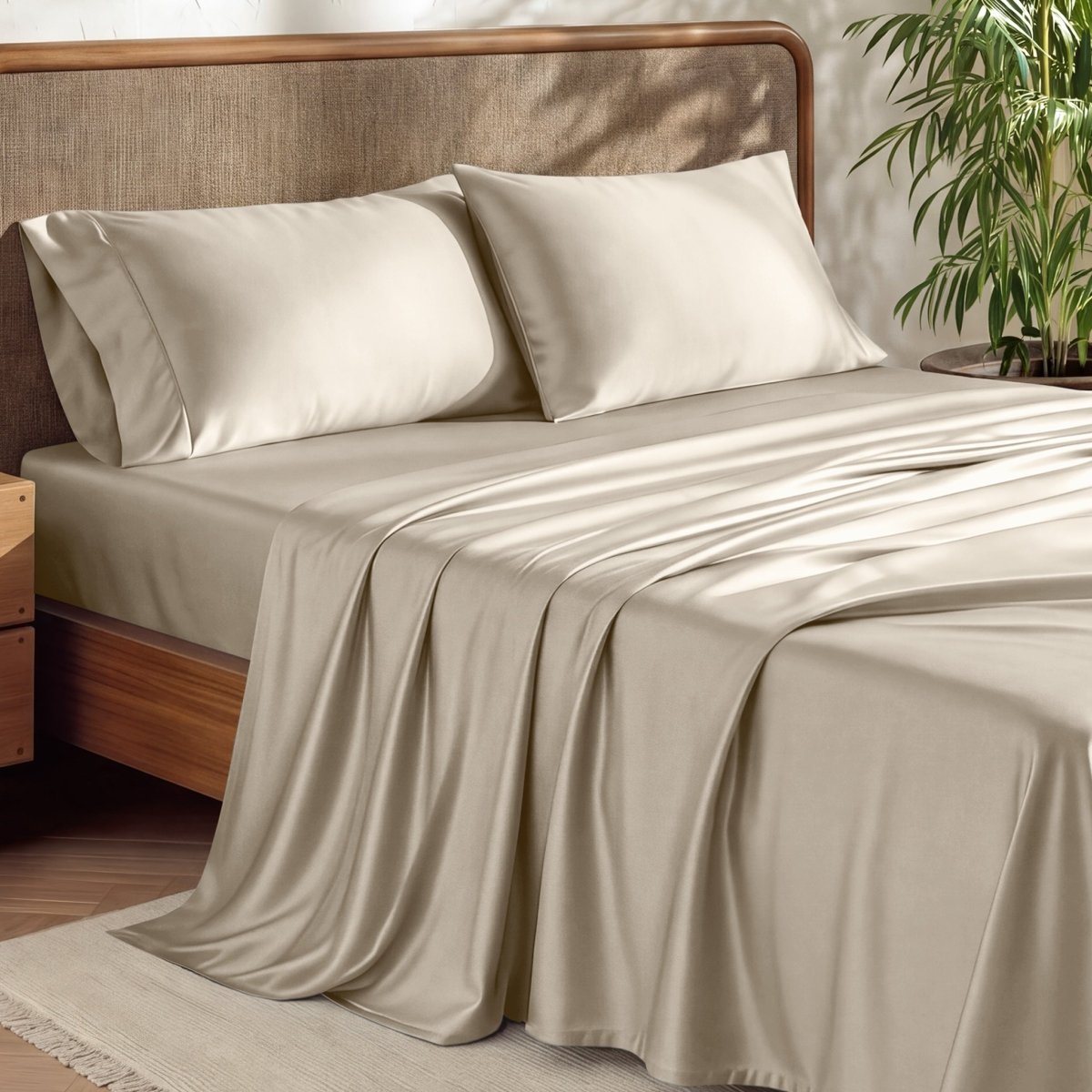Bamboo sheets draped over the edge of a bed.