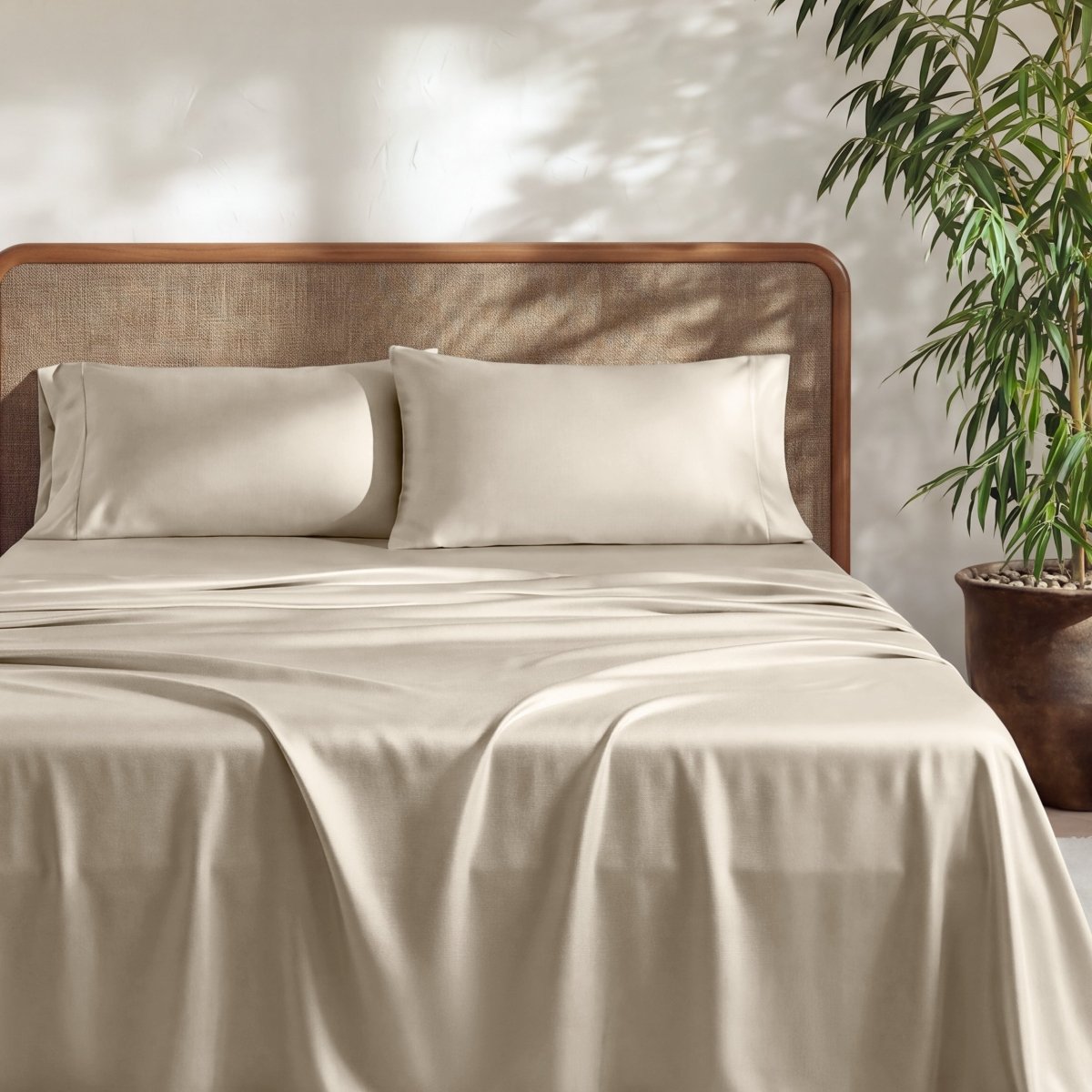 A bed with bamboo sheets on it. 