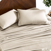 Close up of bamboo sheets and pillowcases on a bed